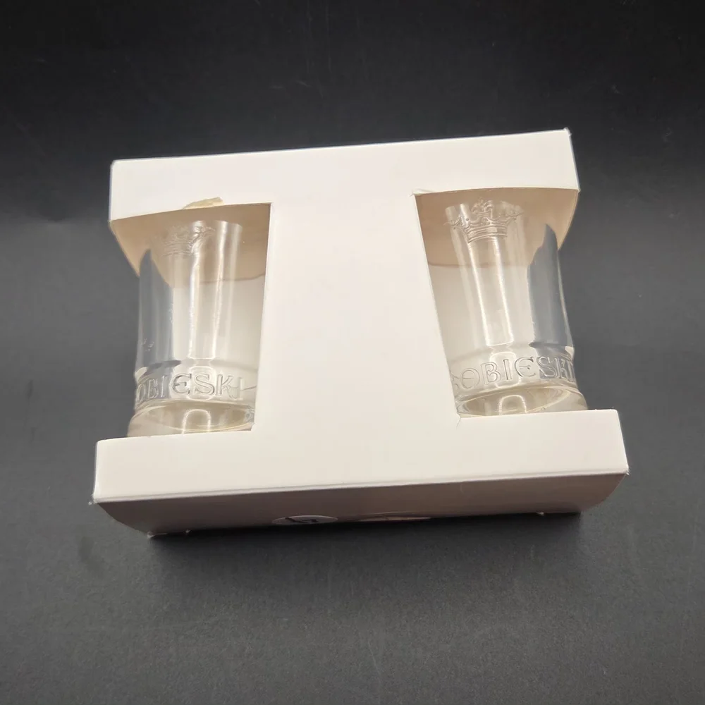 SOBIESKI Polish Vodka Shot Glasses, Set Of 2 Embossed Crown and Logo/Label, NIB